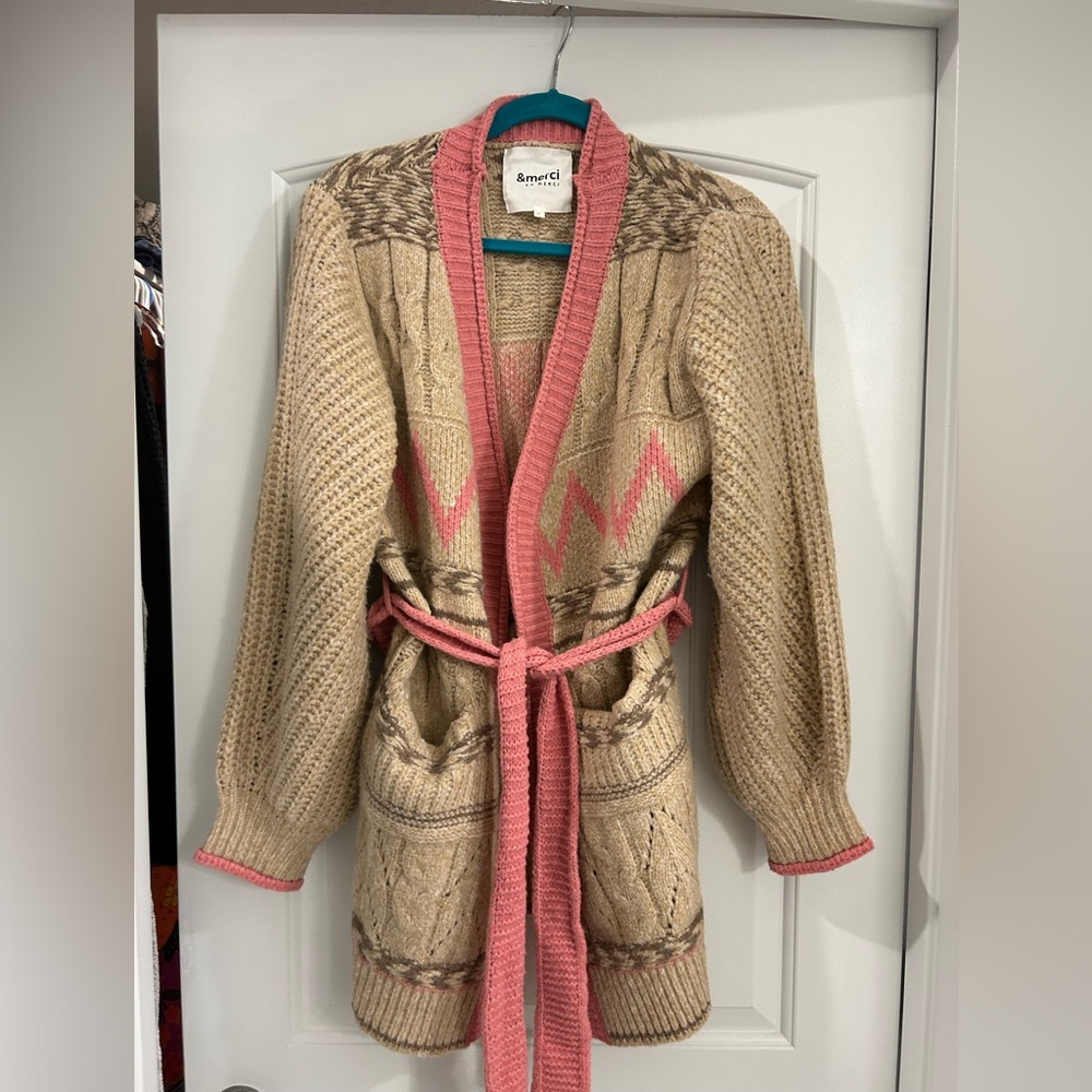 VICI pink/ tan tie cardigan. Worn once super cute